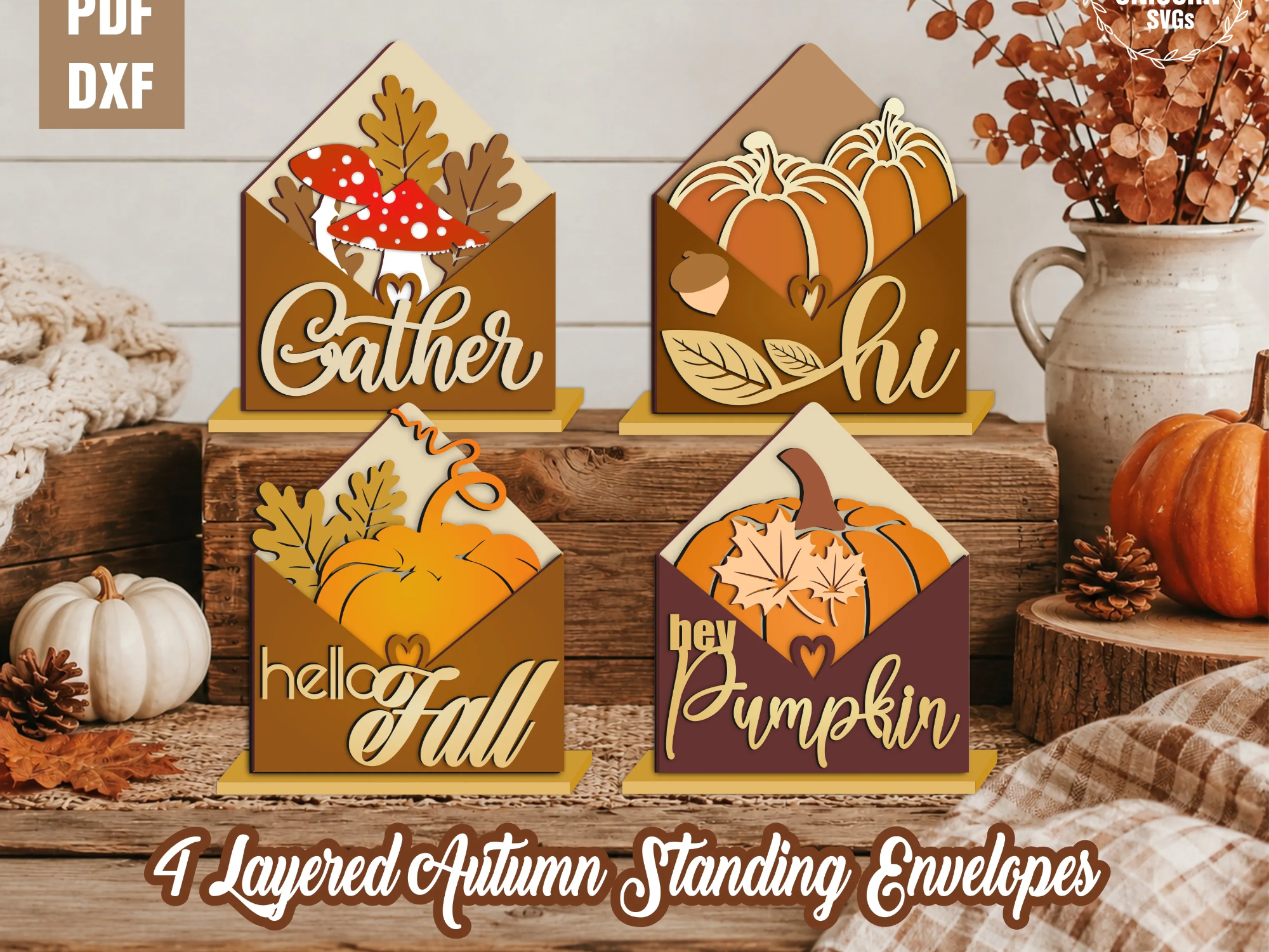 Fall Standing Envelope SVG Bundle, Layered 3D Autumn Shelf Sitter Laser Cut File, Autumn Tiered Tray SVG, Glowforge, CNC Ready File