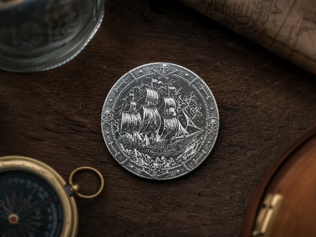 Pirate ship circular coaster with skull and crossbones border