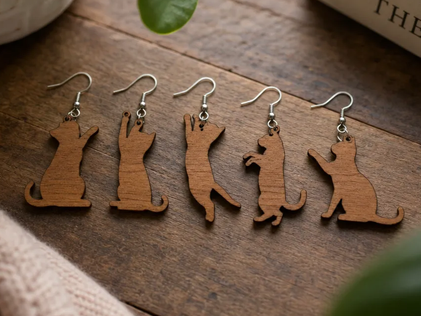 Wooden Cat Silhouette Dangle Earrings