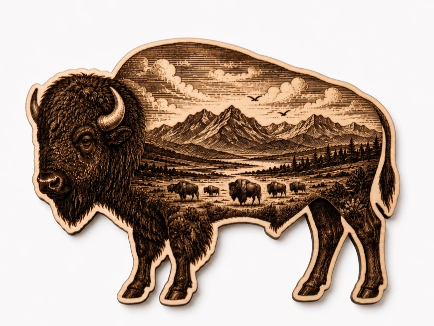 Bison Silhouette Wall Art Featuring Mountain Landscape Scene