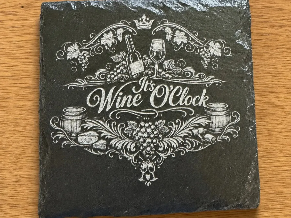 [Laser cut and engrave,Screen printing] It's Wine O'Clock Slate Coaster with Grape and Barrel Motif