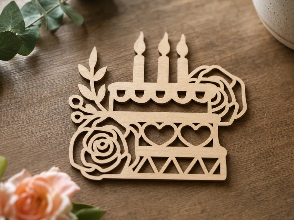 Birthday cake cutout with floral and heart motifs