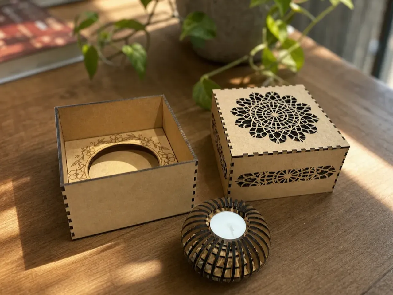 [Laser cut and engrave] Square Mandala Pattern Keepsake Box and Circular Tea Light Holder