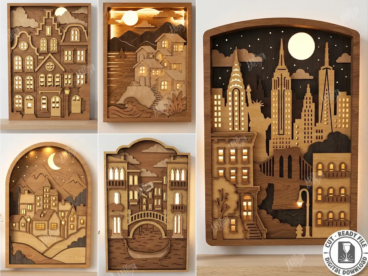 [Laser cut and engrave] Layered Wooden Cityscape Wall Art with Integrated LED Lighting Laser Cut Bundle. Wall Decor. 3D Night Light
