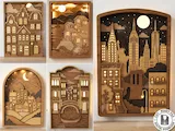 [Laser cut and engrave] Layered Wooden Cityscape Wall Art with Integrated LED Lighting Laser Cut Bundle. Wall Decor. 3D Night Light