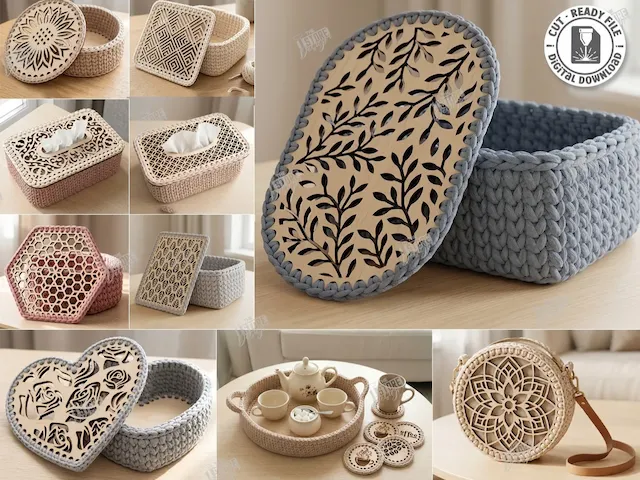 Crochet Storage Baskets and Accessories with Decorative Wooden Lids Laser Cut Bundle