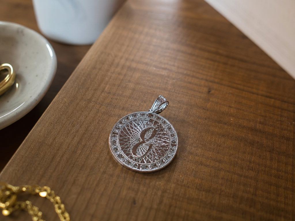 Silver Initial Letter E Pendant with Geometric Filigree Detail