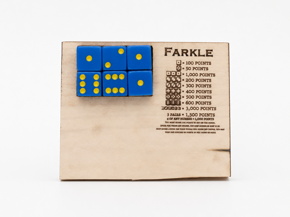 A pocket Farkle Dice Game Scoreboard with Scoring Reference