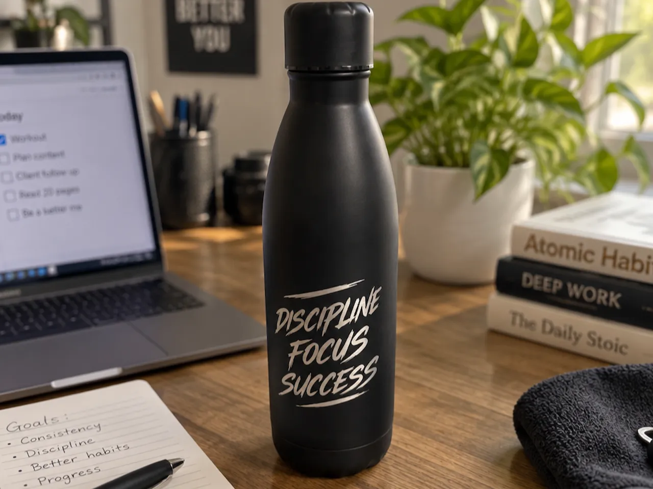 [Laser cut and engrave] Schwarze Trinkflasche mit Motivationsspruch Discipline Focus Success