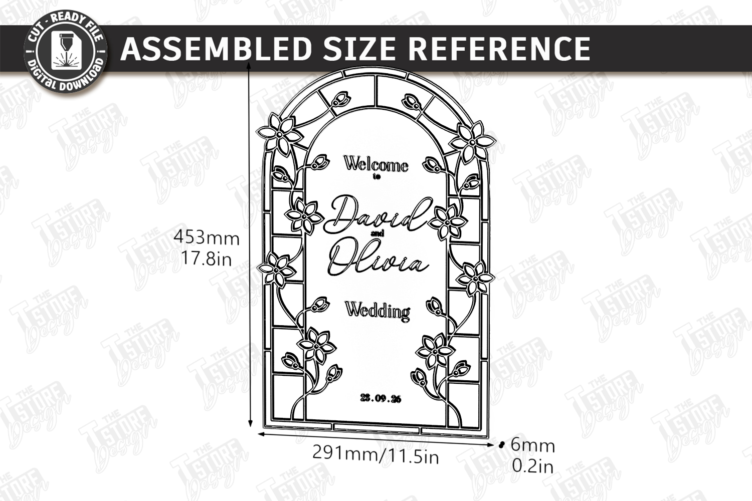 [Laser cut and engrave] Arched Floral Wedding Welcome Sign with Stained Glass Style Frame laser Cut Bundle. Floral Design. Weding Day