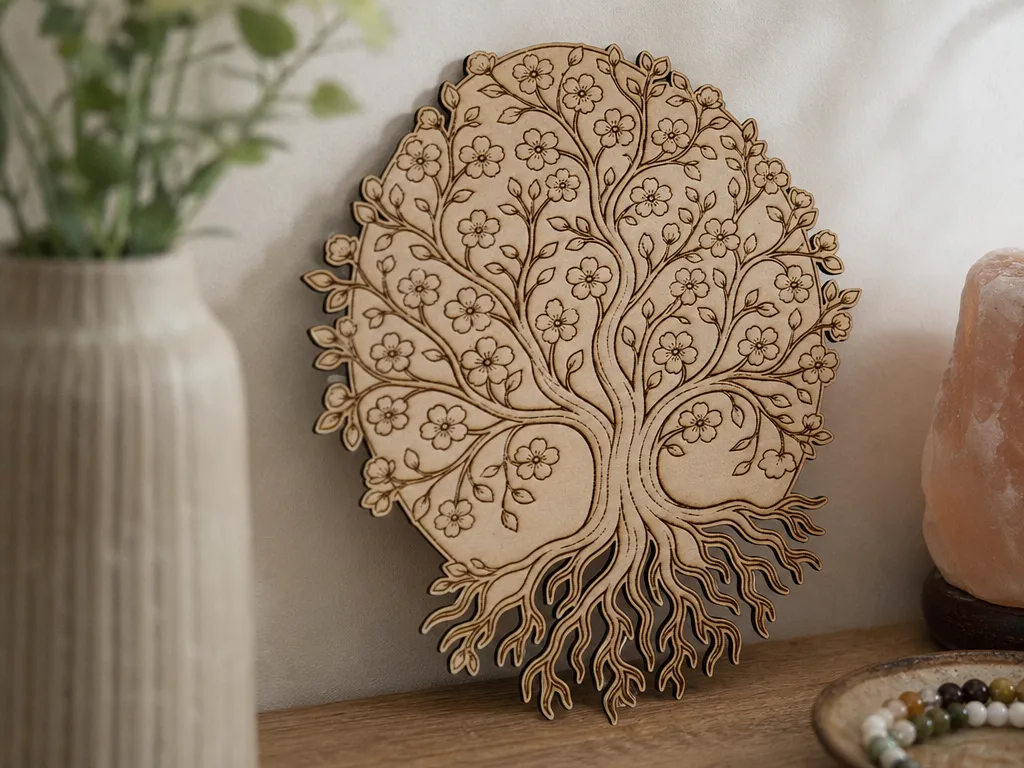 Décoration murale arbre de vie fleuri en bois