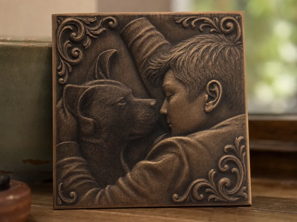 Plaque murale en bronze représentant un garçon et son chien