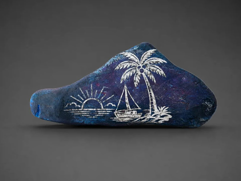 Painted Rock Featuring Tropical Sunset with Sailboat and Palm Tree
