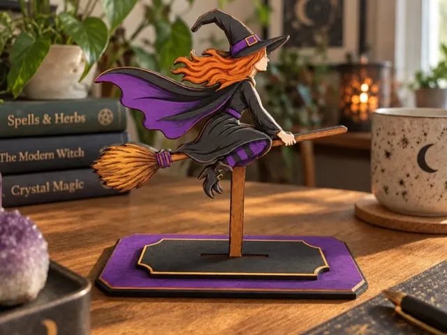 Figurine de sorcière sur un balai pour décoration d'Halloween