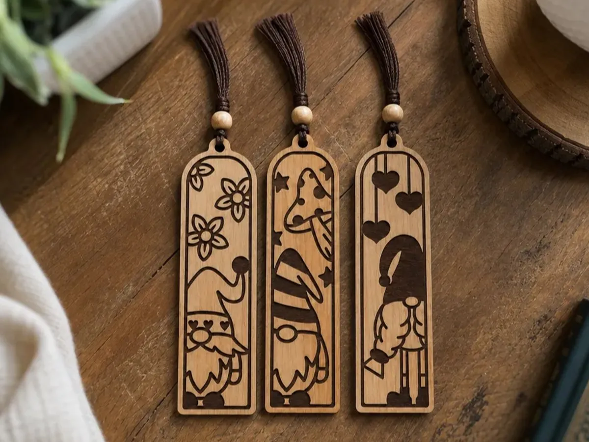 [Laser cut and engrave] Set of Three Wooden Gnome Bookmarks with Tassels