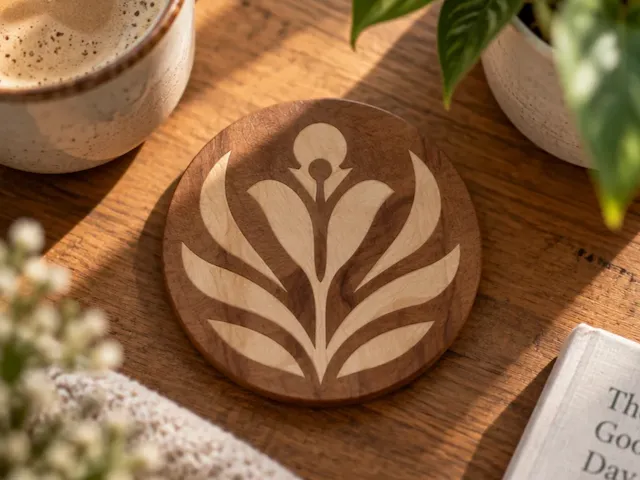 Round Wooden Coaster with Latte Art Flower Motif