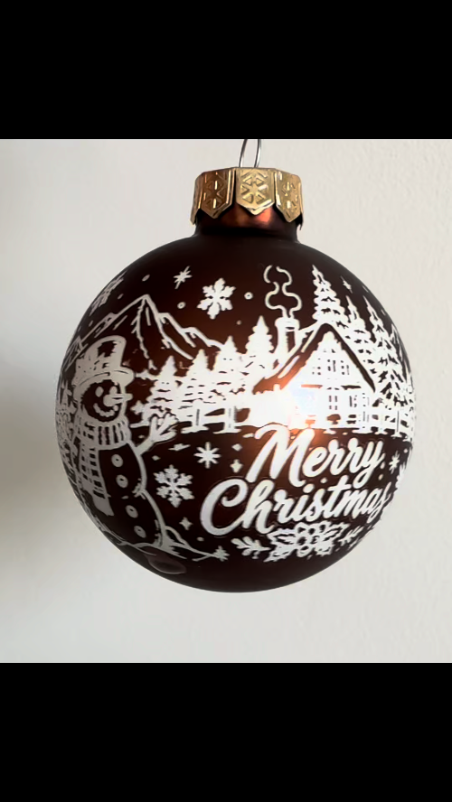 [Laser cut and engrave] Brown Merry Christmas Ornament with Winter Cabin Landscape