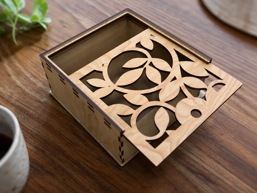Wooden Storage Box with Sliding Leaf Pattern Lid