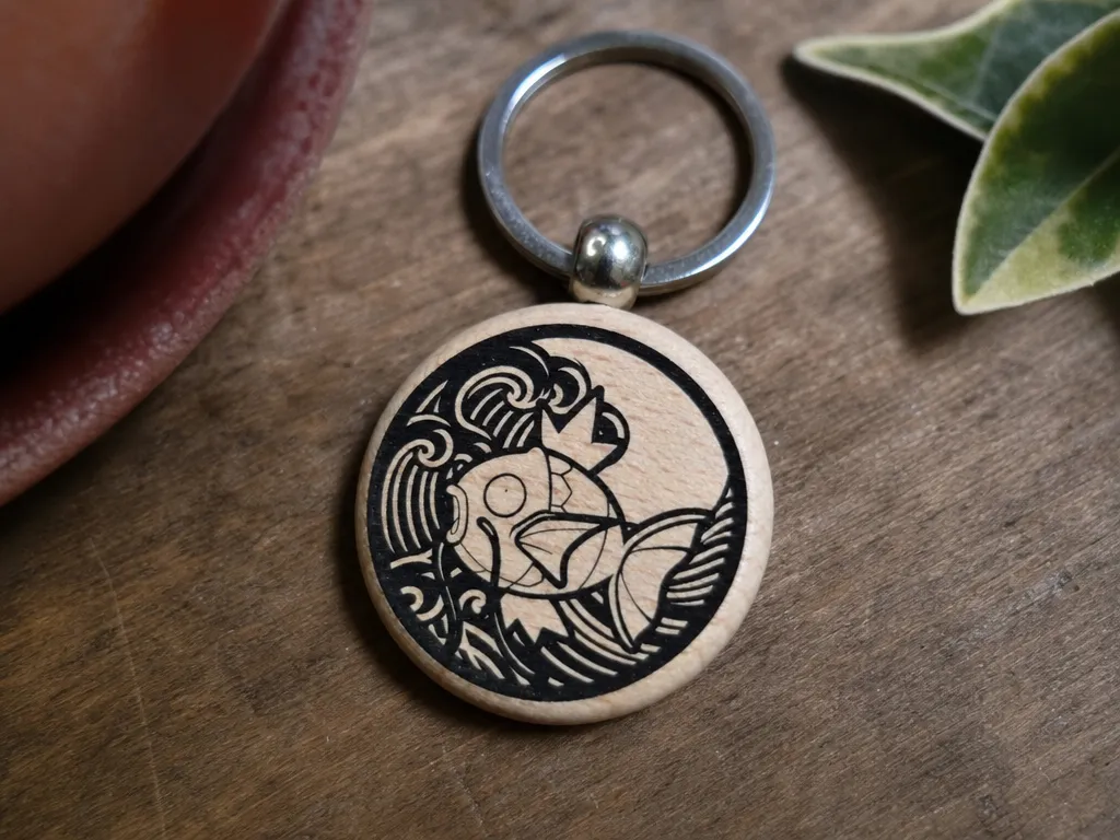 Round wooden keychain featuring a koi fish swimming in waves