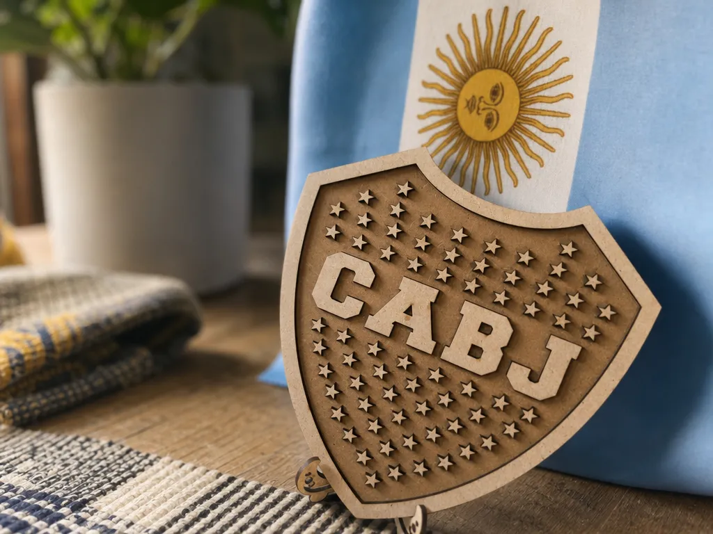 Escudo de madera con emblema CABJ y estrellas decorativas