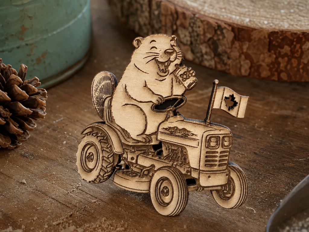 Beaver Driving a Lawnmower Tractor with Canadian Flag