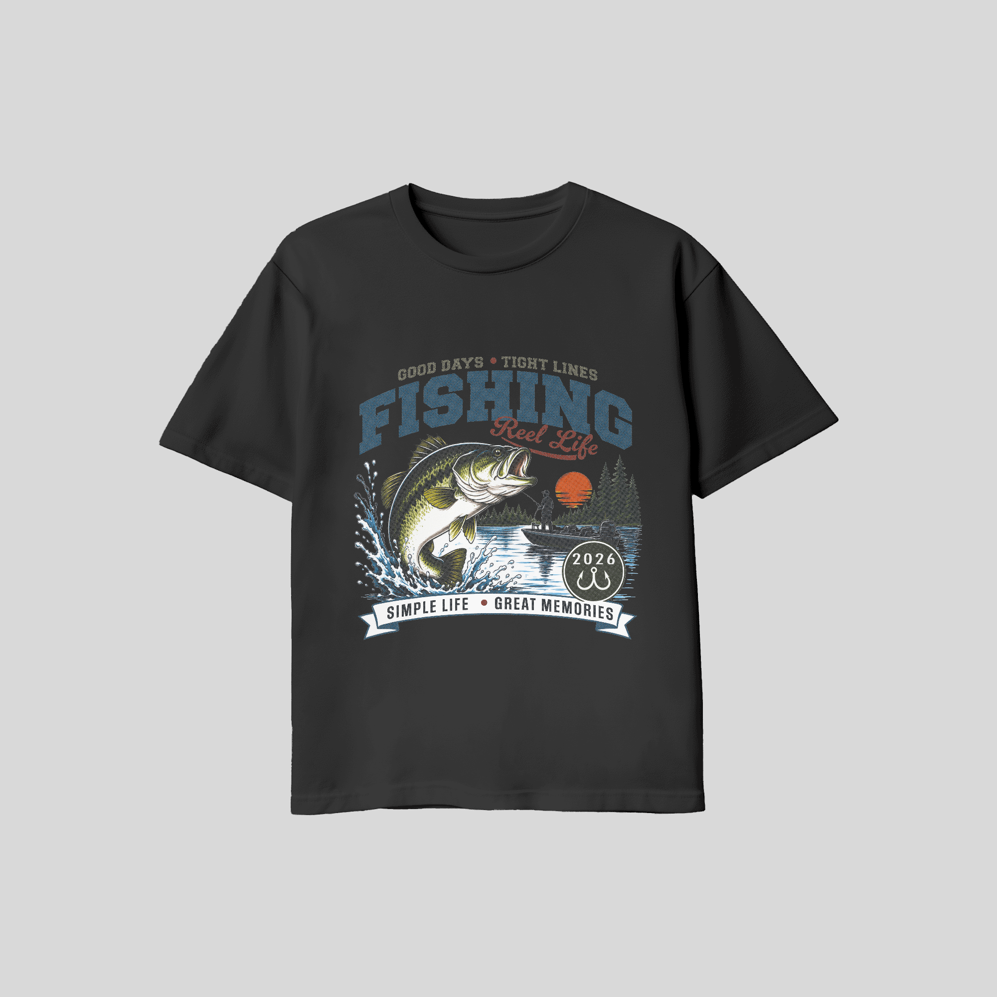 [DTF Printing] Fishing Reel Life Graphic T-Shirt with Bass and Lake Scene
