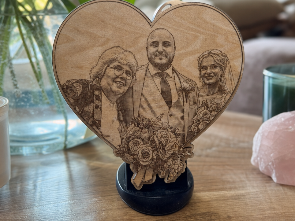 Heart-Shaped Wooden Portrait Plaque Featuring a Wedding Couple and Guest