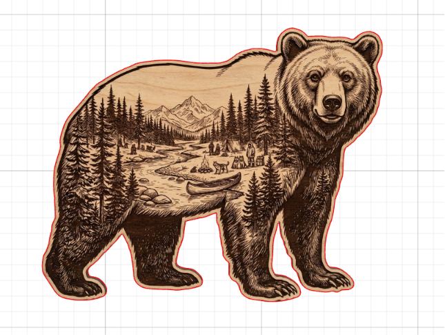 [Laser cut and engrave] Bear Shaped Wall Art Featuring Mountain Forest Landscape and Camping Scene