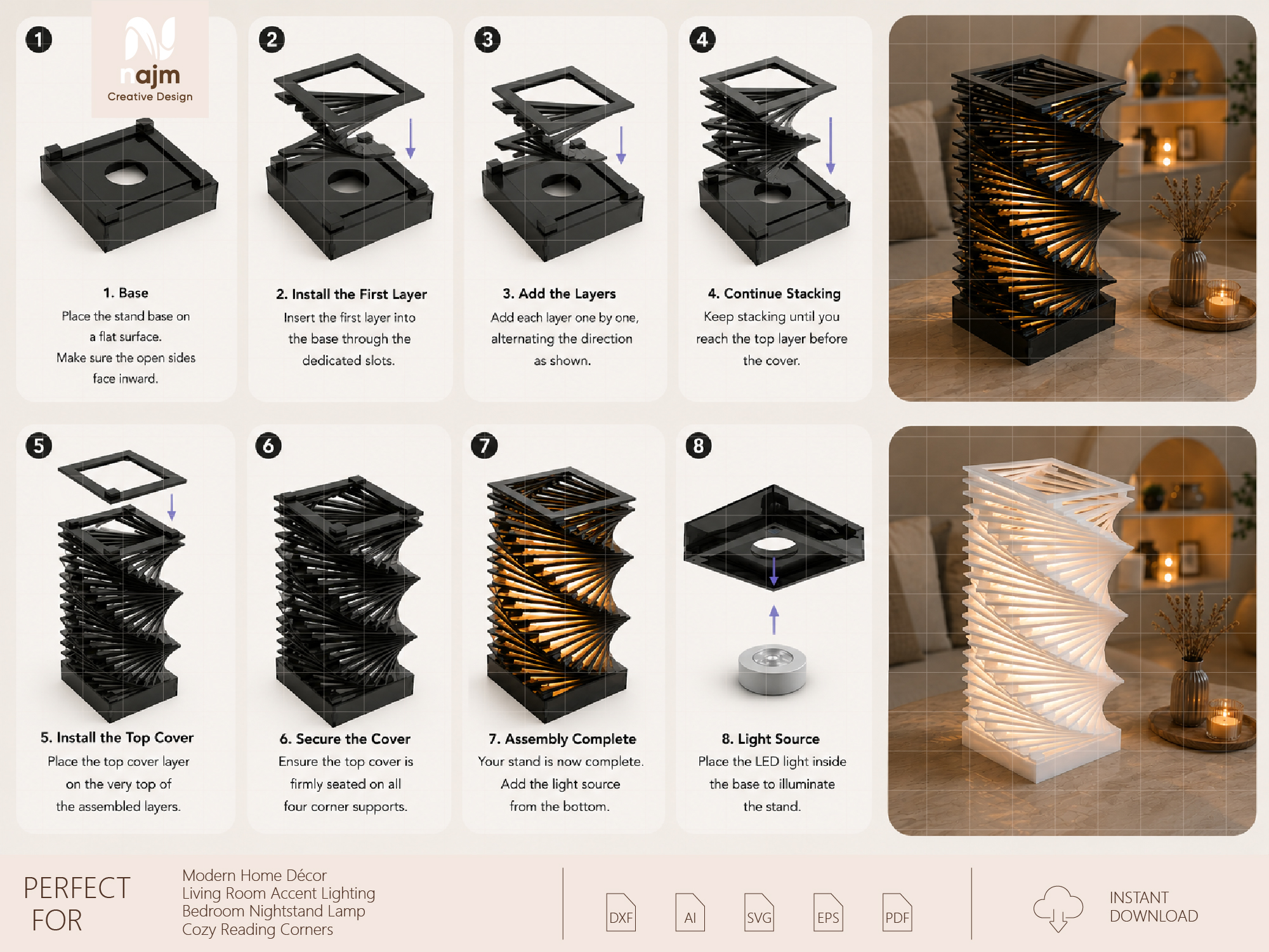 [Laser cut and engrave] Modern Geometric Spiral Table Lamp with Warm Ambient Lighting