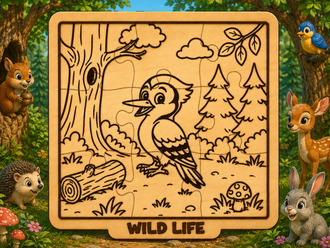 Woodpecker Nature Puzzle SVG & XCS | Cute Forest Bird Wooden Laser Cut File | Montessori Puzzle for Children | Wildlife Series