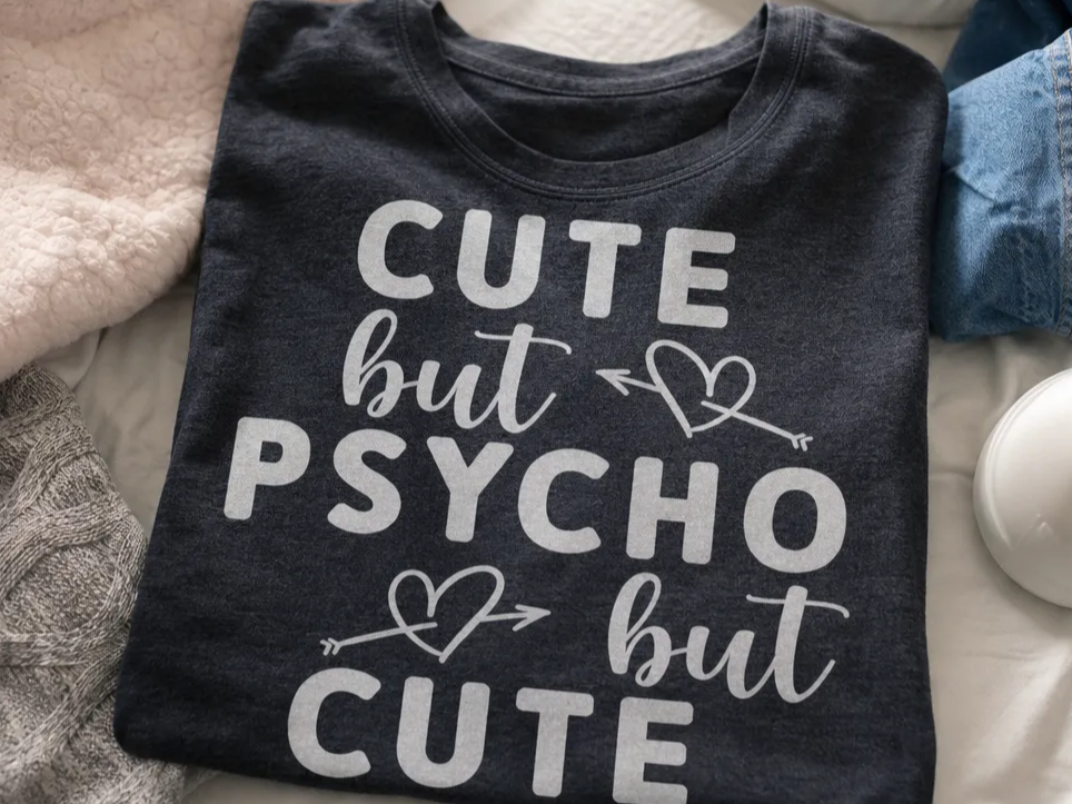 Cute But Psycho But Cute Typography Design with Heart and Arrow