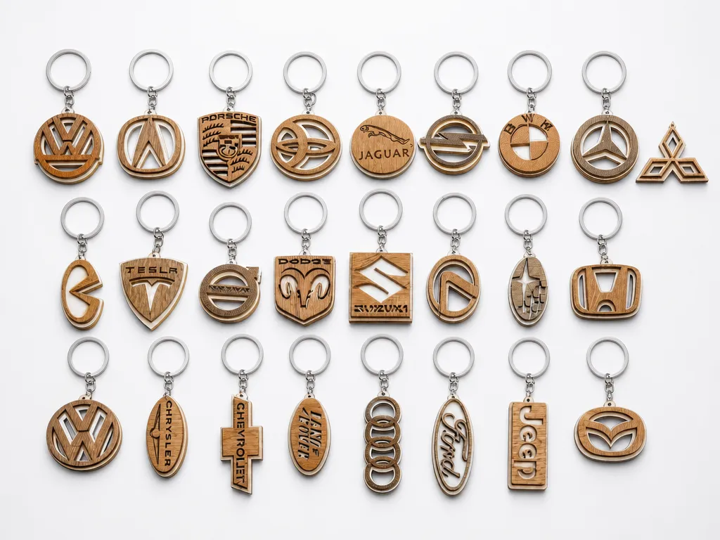 Porte-clés en bois avec logos de marques automobiles