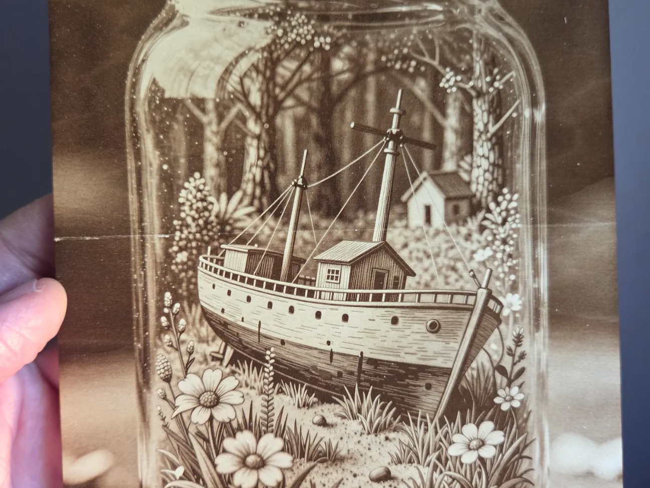 Ship in a Bottle Illustration with Forest and Floral Scenery