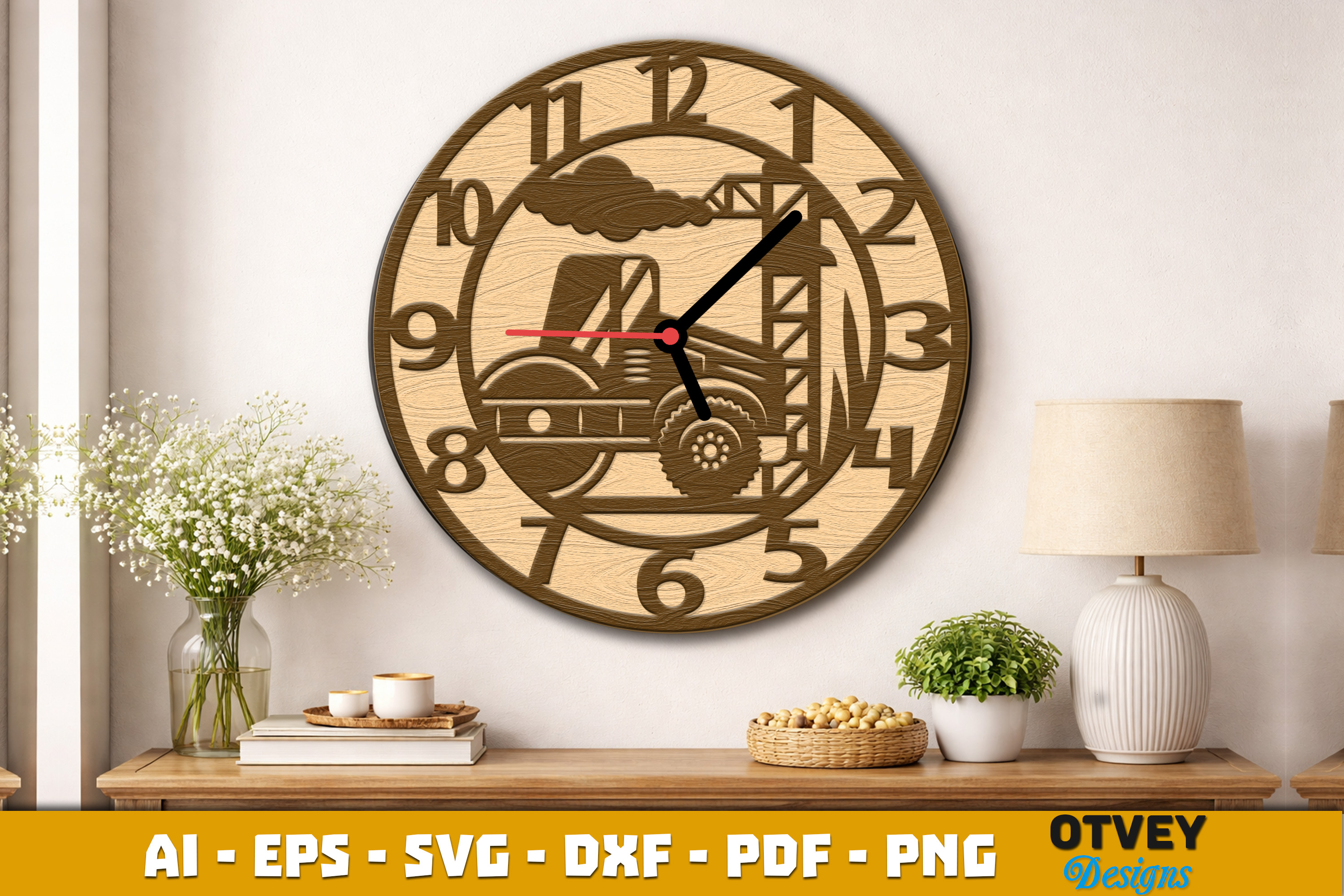 [Laser cut and engrave] Wooden Construction Wall Clock Lasercut 12 Designs