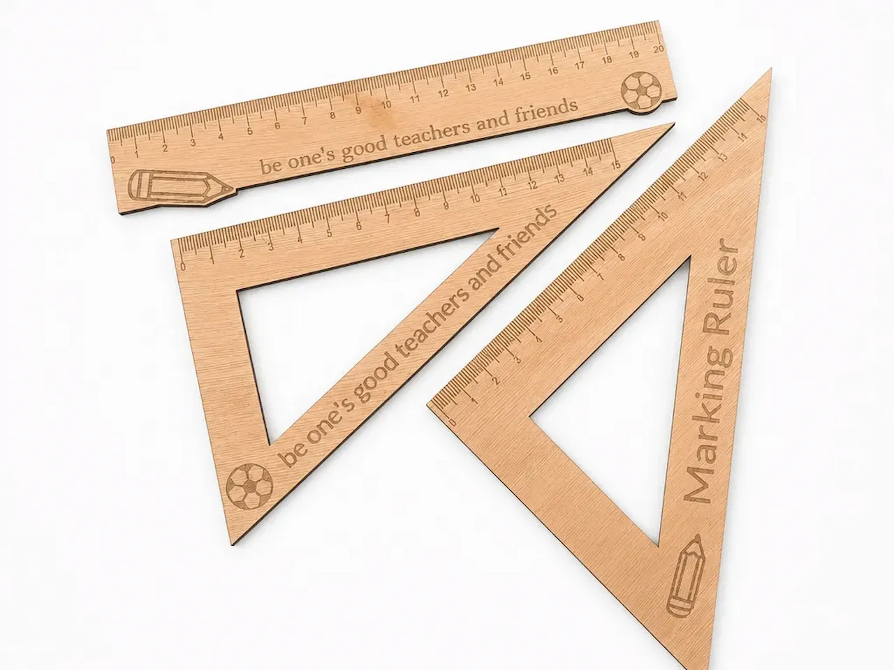 [Laser cut and engrave] Wooden Ruler and Triangle Set for School and Drafting