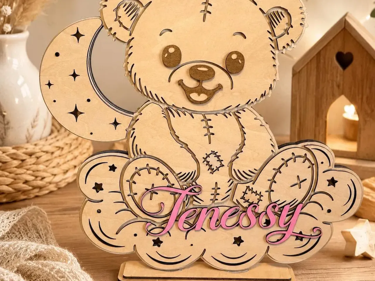 [Laser cut and engrave] Personalized Tenessy Teddy Bear on Moon and Cloud Tabletop Sign