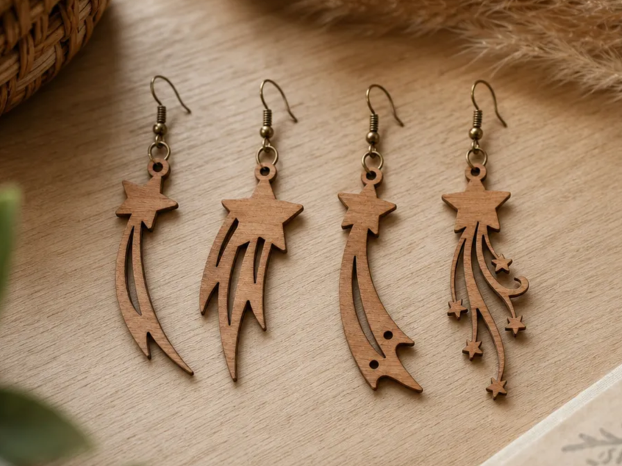 Shooting Star Wooden Dangle Earrings