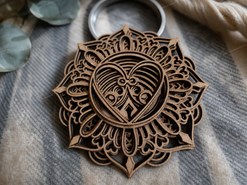 Layered Wooden Mandala Ornament with Heart Motif