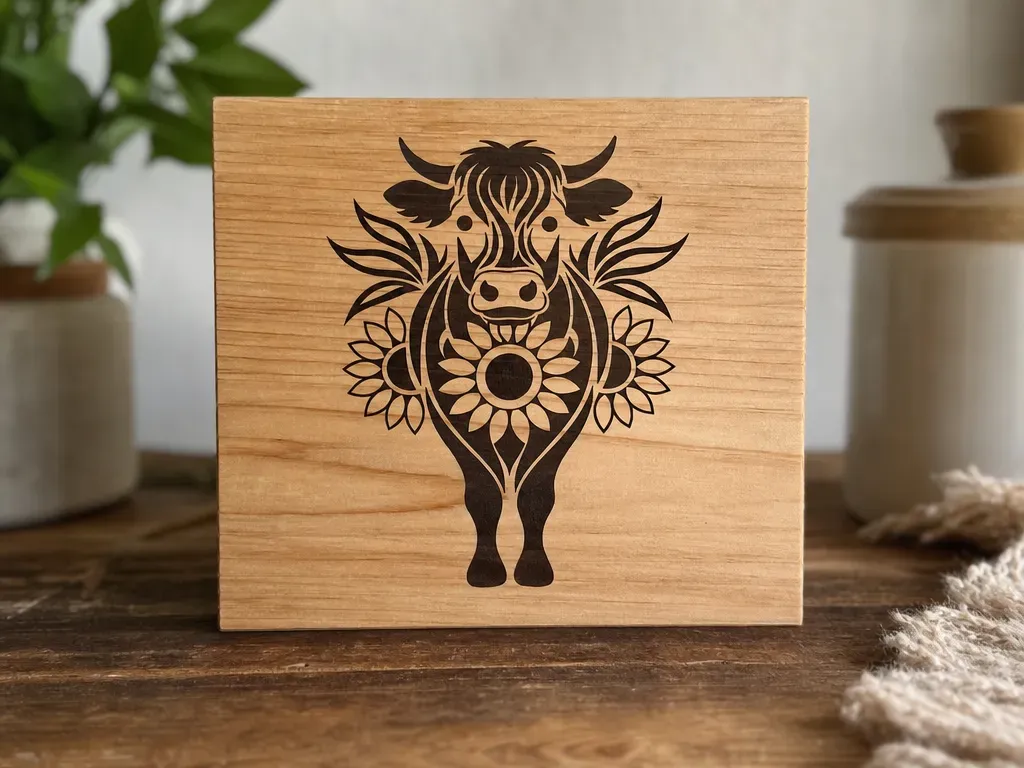 Wooden Block Sign Featuring Highland Cow and Sunflower Illustration