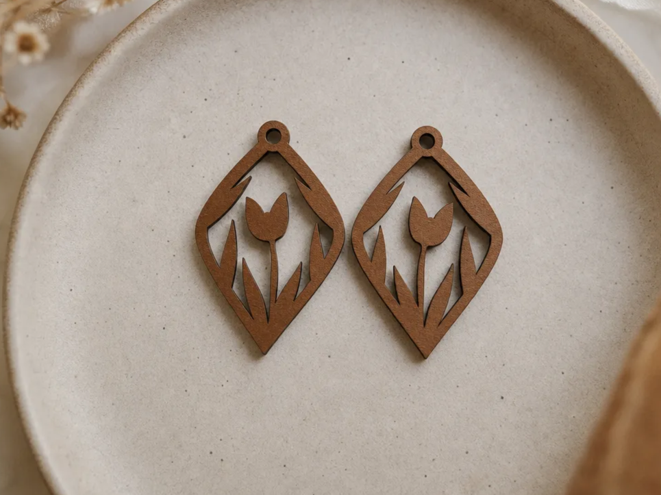 Diamond Shaped Tulip Flower Wooden Earring Pendants