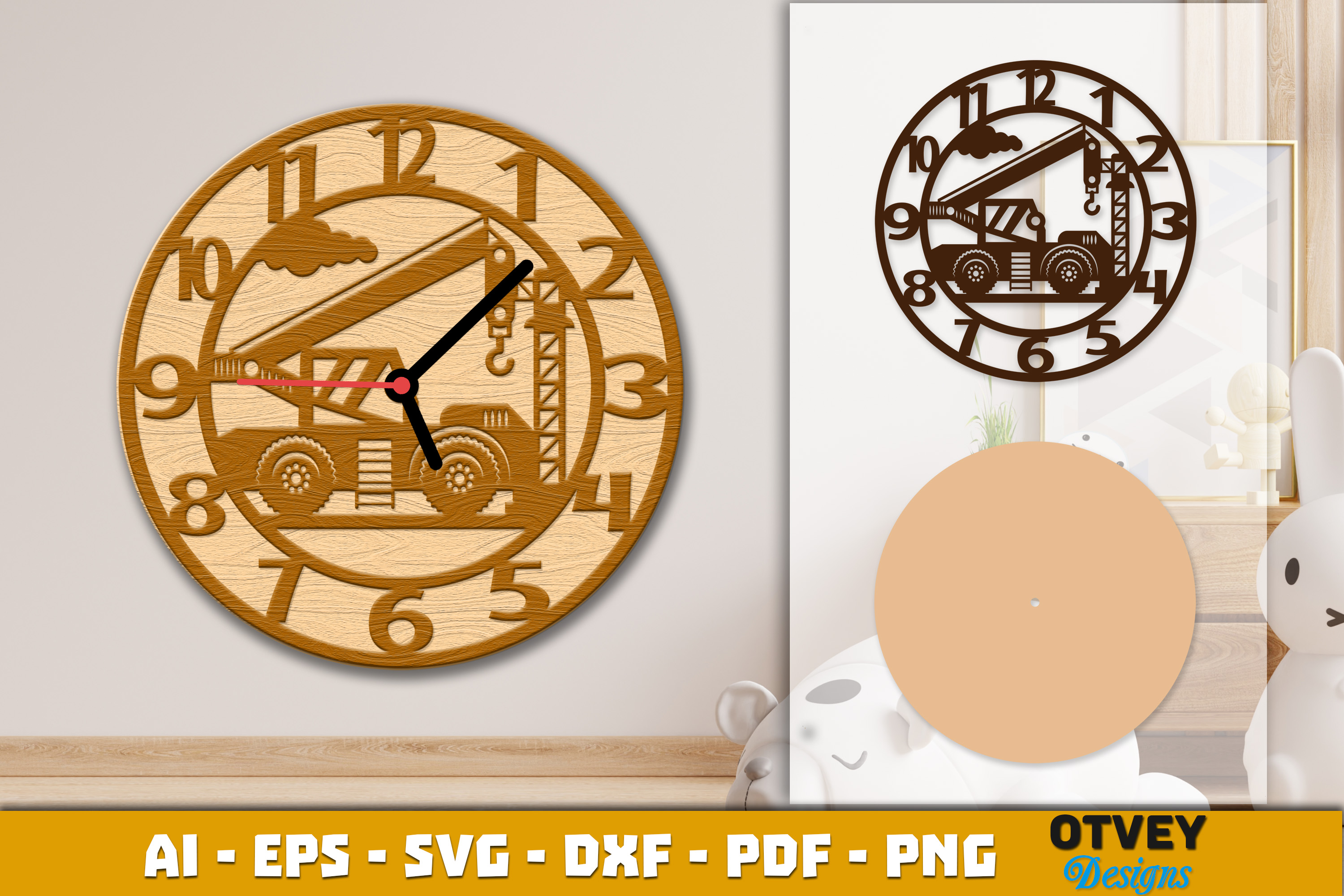 [Laser cut and engrave] Wooden Construction Wall Clock Lasercut 12 Designs