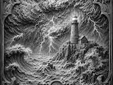 [Laser cut and engrave] Tableau mural en relief représentant un phare dans une tempête maritime
