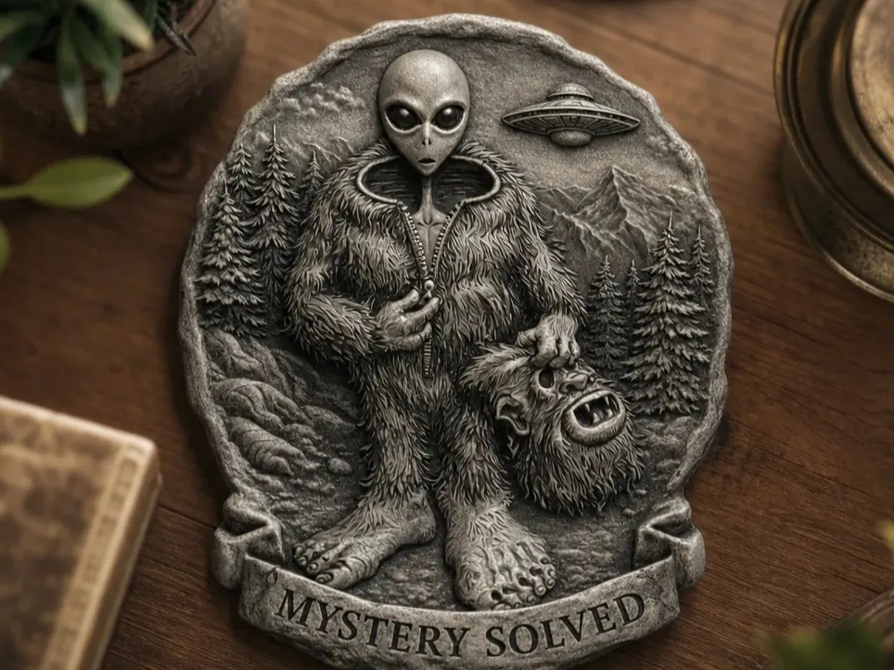 [Laser cut and engrave] Mystery Solved Alien Bigfoot Wall Plaque