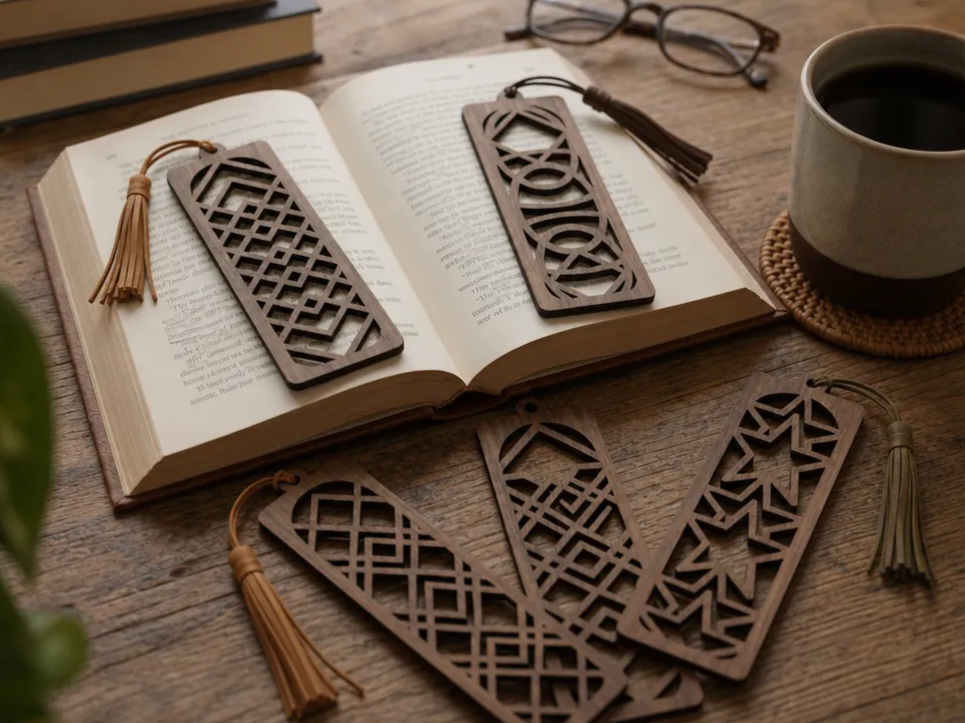 Geometric Pattern Wooden Bookmarks with Tassels