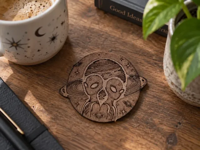 Sous-verre rond en bois avec motif d'extraterrestre et de planète