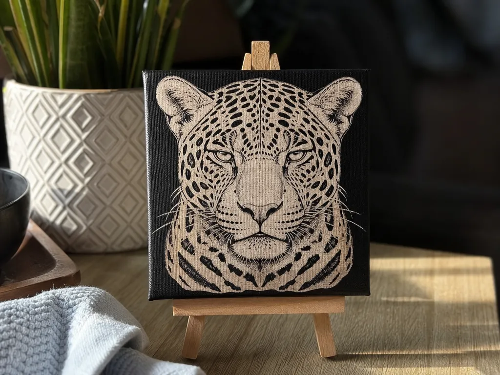 Leopard Portrait Canvas Art on Miniature Easel