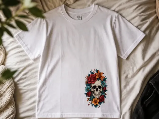 Weißes T-Shirt mit Totenkopf und Blumenmotiv