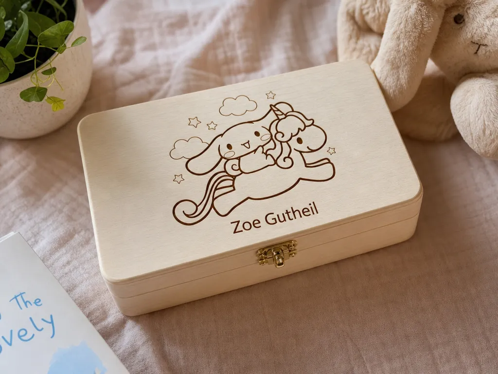 Personalized Wooden Keepsake Box with Unicorn and Puppy Illustration