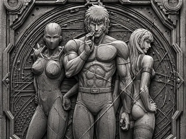 Bas-relief mural représentant des personnages de style manga