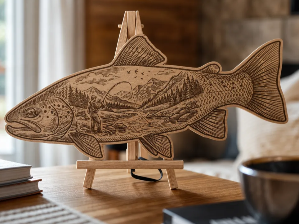 Décoration murale en bois représentant une truite avec scène de pêche à la mouche